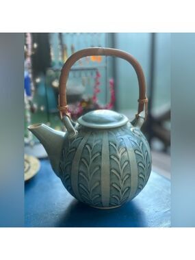 Judy Weeden Signed Studio Pottery Teapot 🇨🇦 Hand-Carved Blue-Green Canadian Art
